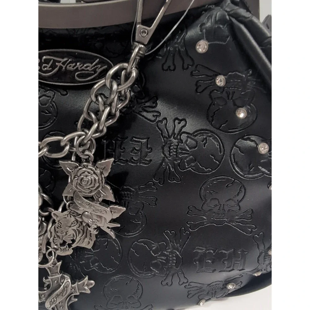 Ed Hardy Black Skull Kiss Lock Shoulder Bag Studded Chain Strap Charm Punk Goth